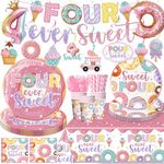 157pcs Four Ever Sweet Birthday Decorations Girl Include Banner, Hanging, Plates and Napkins, Tablecloth, Paper Cups, Forks, Straws, Donut 4th Birthday Balloons, for 4th Birthday Decorations Girl