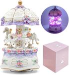 AttoShow Carousel Music Box，Luxury Color Change LED Light Music Box,Luminous Rotating 3-Horse Musical Box with Gift Box for Girls Birthday Valentine Gift (Castle in The Sky, Purple)
