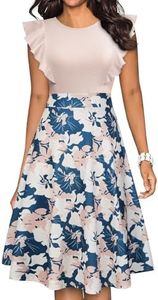 YATHON Women's Vintage Ruffle Floral Flared A Line Swing Casual Cocktail Party Dresses(YT001-Beige White F P4,L)