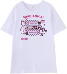 RILGOU Harajuku Kawaii Fashion Pastel Goth Casual Style Soft Crewneck Cartoon Mechanical Bunny Print T-Shirt L White