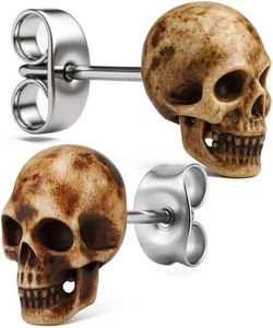Earth Accessories Sustainably Sourced Organic Bone Skull Earrings for Women or Men - Stud Skeleton Ear Rings - Gothic Skeleton Jewelry