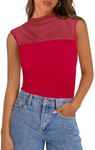 PRETTYGARDEN Women's Summer Sheer Mesh Tank Tops 2025 Trendy Casual Sleeveless Mock Neck Ruched Slim Fitted Going Out Shirts (Red,X-Large)