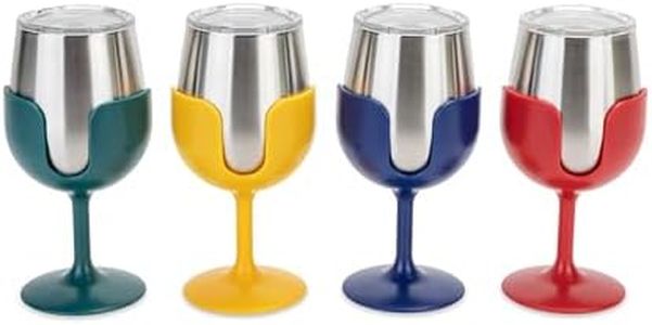 Camco Life is Better at The Campsite Wine Tumbler | Heavy Duty Double Wall Vacuum Insulation | Crafted of 18/8 Stainless Steel | Removable Navy, Red, Green & Yellow Stems | 4-Pk, 8-oz/Each (53465)