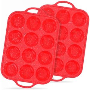 12-Cup Mini Silicone Muffin Pan with Reinforced Steel Frame,Red-Whitedot