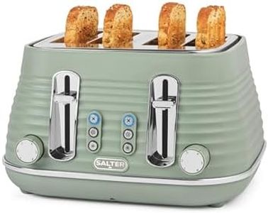 Salter Ripple 4-Slice Toaster – Defrost, Reheat, Cancel, Wide Toasting Slots, Bagels/Crumpets, 6 Browning Levels, Removable Crumb Tray, High-Lift, Self-Centring, Textured Ripple Design, 1630W, Sage