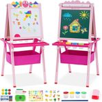 Kids Easel with Paper Roll Double-Sided Whiteboard & Chalkboard Height Adjustable Standing Easel Wooden Art Easel with Puzzle Tangram Toys and Other Accessories Gift for Kids and Toddlers