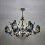 LITFAD Stained Glass Butterfly Pendant Lamp 6+1 Lights Tiffany Style Chandelier Ceiling Hanging Light for Living Room Restaurant Hotel - Baroque