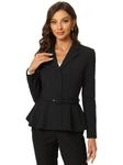 Allegra K Women Work Blazers, Long Sleeve Shirt Blazer, Notched Lapel Belted Peplum Jackets, Office Blazer Black XL