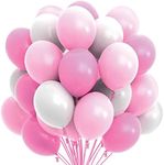 Prextex 75 Solid Color Party Balloons 12 Inch Balloons with Matching Color Ribbon - Themed Party Decoration, Weddings, Baby Shower, Birthday Parties Supplies or Arch Décor- Helium Quality Pink & White