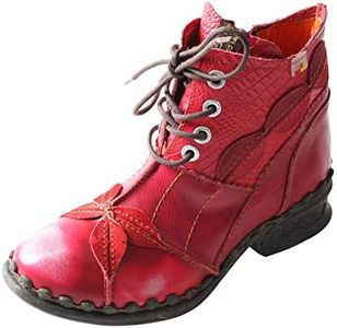 TMA EYES Women's Ankle Boots Low Heel Lace-up Side Zipper Fashion Leather Booties, Red, 9.5