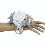 Angel Isabella Wrist Corsage-Keepsake Artificial Roses Hydrangea Large Wrist Flower Flower Prom Dance Graduation Events (Metallic Silver White)