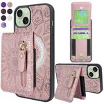 Harryshell Magnetic Case Wallet for iPhone 15 Pro Compatible with MagSafe Wireless Charging & MagSafe Car Mount Zipper Pocket [Hold Up to 6 Cards] Slot Kickstand Protective Cover (Floral Rose Gold)