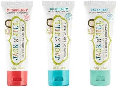 Jack N' Jill Natural Certified Kids Toothpaste – Safe If Swallowed, Fluoride-Free Formula with 40% Xylitol for Toddlers & Babies 6 Months Up – Strawberry, Blueberry & Milkshake TRIO, 50g Each - 3 Pack