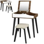 COSTWAY Dressing Table Set with Flip Top Mirror and Detachable Partitions, Wooden Makeup Vanity Table Stool Set, Home Bedroom Furniture Cosmetics Dresser Desk Gift for Girls Women