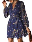 CUPSHE Women's Floral Print Chiffon A-Line Mini Dress Long Peasant Sleeves Elastic Summer Autumn Dress Navy M