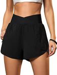 Blooming Jelly Women's Workout Shorts Athletic Running Shorts Crossover High Waisted Gym Sport Yoga Shorts with Zipper Pockets 2.5" (Black,X-Small)