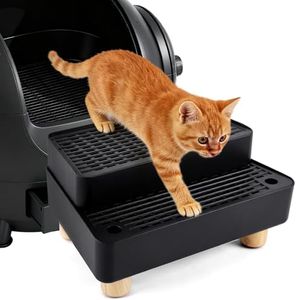 Adjustable 2 Steps Litter Box Ramp, Cat Litter Catcher Mat with Wooden Feet, Filter Function, Litter Box Step for Small & Elderly Cats, Fits Automatic Litter Boxes (Black)