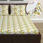 Divine Casa Floret 100% Cotton Double Fitted Bedsheet | 144 TC | Deep Pocket Design | Soft & Breathable Fabric | Durable & Easy Care | 200 x 150 + 25 CM, Daffodil Yellow