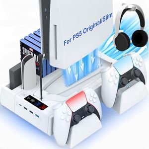 PS5/Slim Cooling Station for PS5 Disc&Digital, PS5 Cooling Stand with Dual Controller Charging for PlayStation 5 Console, Multi-Function PlayStation 5 Accessories Controller Charger with Storage Slot
