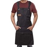 The Chestnut Chef Apron For Men - Black Work Shop Mens Waterdrop Resistant Cross Back Adjustable Cotton Canvas Crossback Apron With Pockets - Professional Tool Metalwork