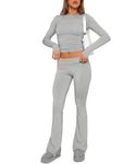 GRMLRPTWomen's 2 Piece Lounge Sets Fold-Over Flare Leggings Pants Matching Slim Fit Long Sleeve Cropped Top Y2k Pajama Outfits,Grey,S