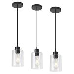 KLSS Modern Black Farmhouse Clear Glass Cylinder Pendant Light Fixture,Mini Pendant Lighting for Kitchen Island Decor - 4.75 Inch Shade, 2-58 Inch Cord (Black 3 Pack)