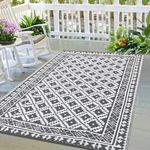 GarveeHome Outdoor Reversible Mats Plastic Straw Rug, Geometric Modern Washable Area Rug, Floor Mat and Rug for Outdoors, RV, Patio, Backyard, Deck, Picnic, Beach, Trailer, Camping, 5x8, Grey