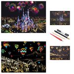 SiYear Scratch Paper Rainbow Painting Sketch, City Series Night Scene,Scratch Painting Creative Gift,Scratchboard for Adult and Kids with 4 Tools'' (Castle + hot air Balloon