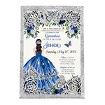 DORIS HOME 50Pcs Blue Butterfly Invitations for Quinceanera, 15 year, Sweet 16, Miss XV, Birthday Laser Cut Quince Invitation Cards Glitter Silver Blank