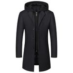 Mens Wool Trench Coat with Removable Hoodie Knee Length Windproof Classic Wool Coat Black S