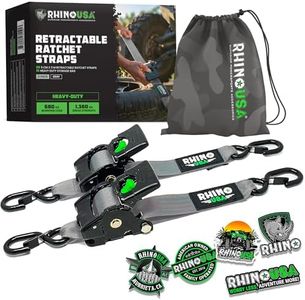 Sangles d'arrimage rétractables à cliquet (Paquet de 2) - Résistance à la Rupture de 1360 kg, y Compris (2) Sangles d'arrimage Auto-rétractables de 5 cm x 3 m avec poignées rembourrées - Gris