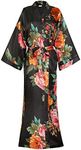 goodmansam Women's Long Floral Satin Kimono Robes Bridal Dressing Gown Wedding Bridesmaid Nightgown, Black, X-Large-XX-Large