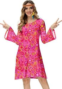 Women Hippie Costume Dress 1960s 1970s Retro Dresses Pink Floral Print Halloween Costume S