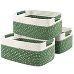 OIAHOMY 12.8x9x5.5in Woven Baskets for Storage, Storage Baskets for Shelves, Cotton Rope basket set of 3, Decorative Storage Baskets, Rectangle Basket With Handles, Green and White