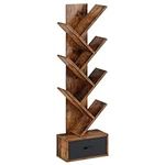 Rolanstar Bookshelf with Drawer, 7-Tier Tree Bookshelf, Rustic Brown Bookcase, Wooden Storage Rack for CDs/Movies/Books, Utility Organizer Shelves for Living Room, Bedroom, Home Office