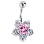 316L Surgical Steel 14 Gauge Belly Ring/Navel Button Piercing/Bananabell/Barbell With Clear Crystals/Rhinestones Flower Shaped Decoration and Pink Crystal Star