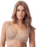 Leonisa Lace Stripe Natural Support Underwire Bra - High Coverage Full Cup Bras for Women Beige