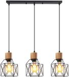 iDEGU 3 Vintage Industrial Wood Metal Retro Pendant Light Shade Cage Design E27 Ceiling Lighting for Living Room Bedroom Kitchen (Black, Wood, Bar)