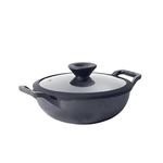 Meyer Pre Seasoned Cast Iron Kadai|Iron Kadhai with Lid for Cooking and Stir Frying | Heavy Base Iron Kadai Small Size | Gas Stove and Induction Friendly 24cm/ 2 Liters, Black