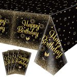 4 Pack Black and Gold Happy Birthday Tablecloths, 51x87'' Rectangle Black Gold Table Cover for Men Women Boys Girls Birthday Party Decorations Supplies