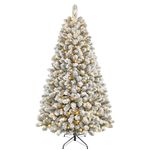 SHareconn 7ft Pre Lit Christmas Tree Snow Flocked with 320 Warm White LED Lights, 8 Light Modes, 1076 Snow Branch Tips, Foldable Metal Stand, Artificial Xmas Tree for Home Office Party Decoration