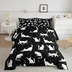 Castle Fairy Cat Comforter Set Twin Size, Romantic Watercolor Galaxy Starry Sky Bedding Comforters, Cute Animal Duvet Quilt for Kids Teen Boys Girls Home Bedroom Decor, Black White