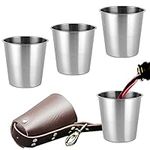 XUSUD 4 Pcs Mini Stainless Steel Cups 70ml Shatterproof Outdoor Cup Mug Reusable Stackable Drinking Glass with Leather Case for Picnic Wine Hiking Camping Beer Party Whiskey