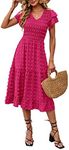 BTFBM Women Casual Summer Short Ruffles Tiered Sleeve Smocked Midi Dresses Bohemian Floral V Neck Wedding Guest Long Dresses（Solid Rose Red,Large