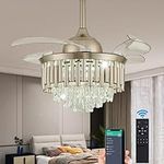 YOLIZUOT 42" Dimmable Crystal Ceiling Fan with Light Modern Retractable Invisible Fandelier with Remote Control Chandelier Fan LED Ceiling Fans Light for Bedroom/Living Room/Office