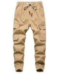 YoungSoul Boys Joggers Pants Casual Drawstring Elastic Slim Fit Kids Cargo Trousers Khaki 9-10 Years/Size 150