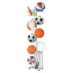 Garage Ball Storage Sports Equipment Organizer 7 Tier Basketball Rack Display Stand with Baskets and Hooks Freestanding Indoor & Outdoor Ball Rack Organizer Holder for Volleyball Football, Silver