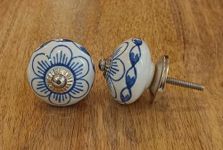 Set of 4 pcs - Ceramic Door Knobs with Blue Hand Painting for Cabinet Cupboard Drawer and Kitchen (BLUE2)