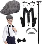 Yilitazaro 1920s Old Man Costume Set Boys Halloween Cosplay Accessories with Newsboy Hat, Cane, Eyebrows, Suspenders for Kids