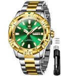 OLEVS Mens Wrist Watch Green Big Face Luxury Dress Stainless Steel Analog Quartz Waterproof Chain Watch for Men Date